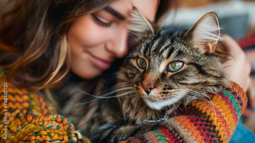 Woman Embracing Her Beloved Tabby Cat Woman Embracing Her Beloved Tabby Cat