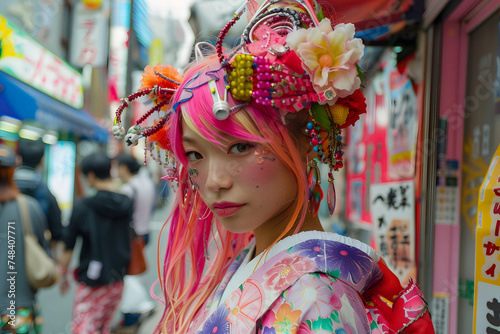 原宿系の個性的ファッションを楽しむ日本の少女