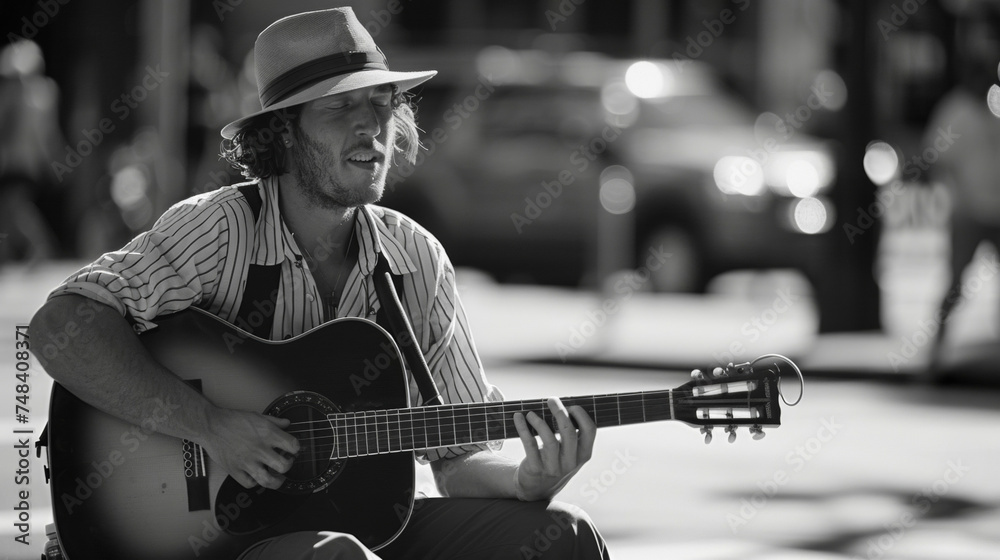 A street performer playing an acoustic guitar on a busy street corner wearing a fedora hat and suspenders adding a touch of nostalgia to the modern atmosphere. - obrazy, fototapety, plakaty 