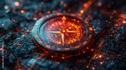 A futuristic compass with arrows pointing towards different financial goals symbolizing the importance of setting and navigating towards achievable and strategic financial