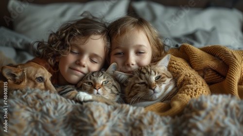 In bed, two siblings cuddled up together, flanked by their loyal pets