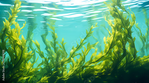 Seaweed and natural sunlight underwater seascape in the ocean, landscape with seaweed
