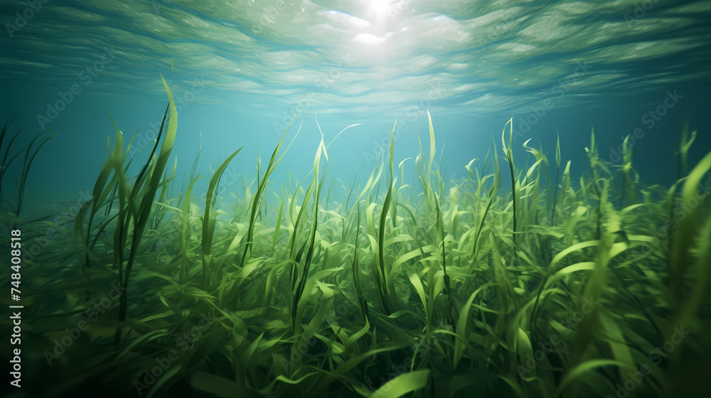 Seaweed and natural sunlight underwater seascape in the ocean, landscape with seaweed Seaweed and natural sunlight underwater seascape in the ocean, landscape with seaweed