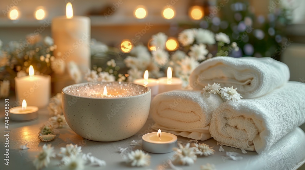 Luxurious Spa Setting with Candles, Fresh Towels, and Flower Decoration for Wellness and Relaxation