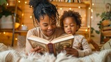 Young African American Mother Reading a Book to Her Toddler in a Cozy Home Environment with Warm Lights