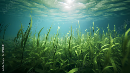 Seaweed and natural sunlight underwater seascape in the ocean, landscape with seaweed