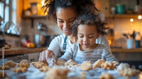 Happy Mother and Child Baking Together in a Warm Kitchen, Enjoying Family Time, Making Delicious Homemade Cookies