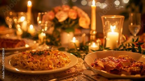 Elegant Candlelit Dinner Table Setting with Gourmet Food and Floral Decorations