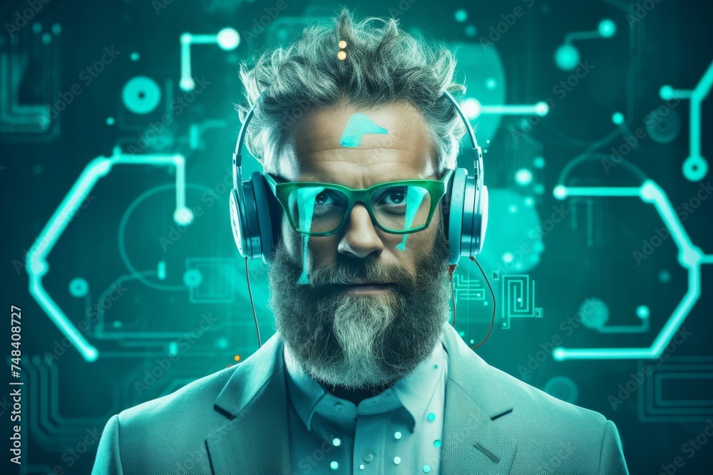 a portrait of a male programmer, his bright demeanor and colorful personality shining through as he delves into the realms of coding and IT. a portrait of a male programmer, his bright demeanor and colorful personality shining through as he delves into the realms of coding and IT.