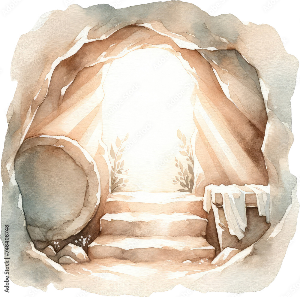 Watercolor Christian Easter Clipart. Christian Faith and Resurrection Art. Handmade Christian Easter Clipart for Spiritual Celebrations. Religious Easter Watercolor Jesus Resurrection Scene.