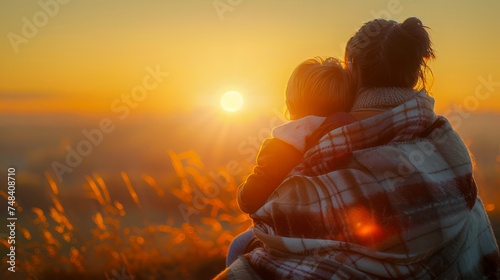 Warm Embrace at Sunset - Mother and Child Enjoying Serene Golden Hour View, Togetherness Concept