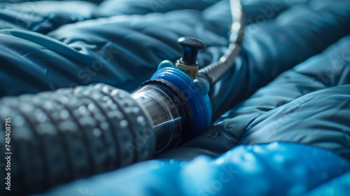 A macro shot of a pump nozzle connected to an airbed valve preparing to fill the mattress with air for a cozy and supportive sleeping surface. photo