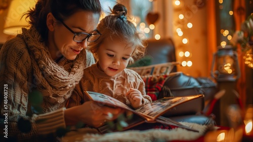 "Warm and Cozy Mother-Daughter Moment Reading a Book at Home with Festive Lights"