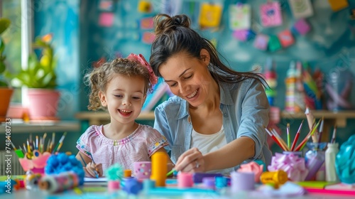 Smiling Mother and Daughter Enjoying Arts and Crafts Together at Home with Colorful Art Supplies on Table