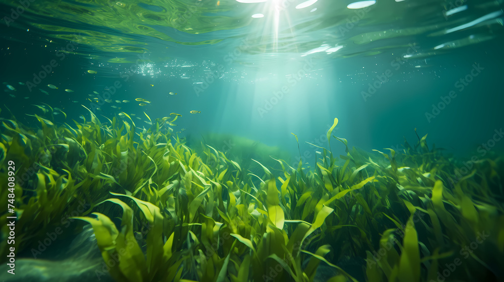 Seaweed and natural sunlight underwater seascape in the ocean, landscape with seaweed - obrazy, fototapety, plakaty 