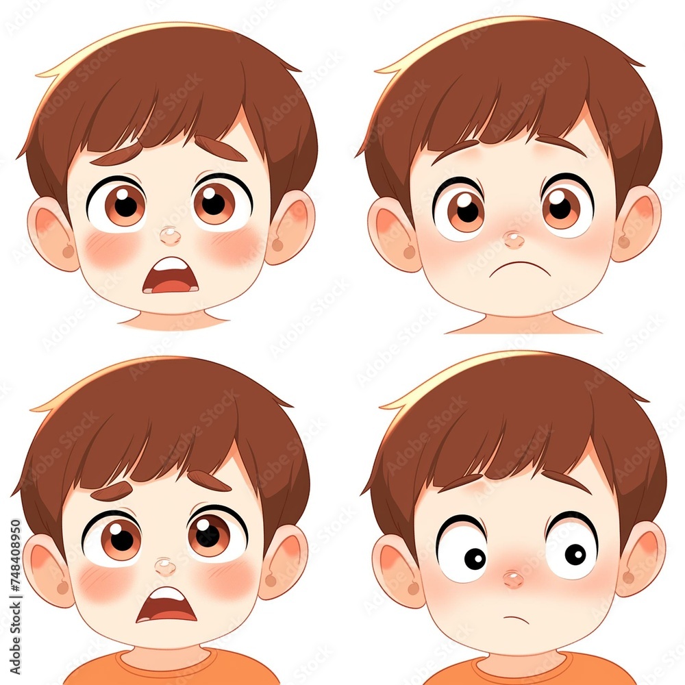 Expressive Child Cartoon Character with Different Emotions Set