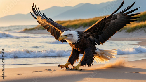 Basking in the warm glow of the setting sun a bald eagle makes its way to a sandy beach and leaving a trail of soft footprints in the sand, a symbol of nature's beauty and power. photo