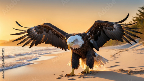 Basking in the warm glow of the setting sun a bald eagle makes its way to a sandy beach and leaving a trail of soft footprints in the sand, a symbol of nature's beauty and power.