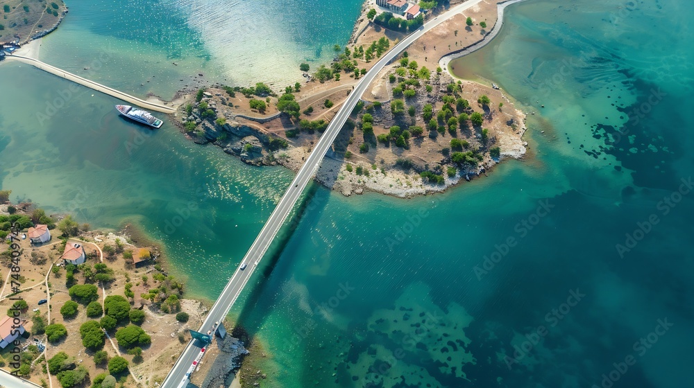 Aerial view of Turkeys oldest strait bridge between Dolap Island and Cunda Island Ayvalik Turkey : Generative AI