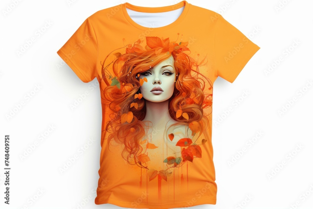 Thoughtful Orange shirt woman portrait. Fashion clothes. Generate Ai