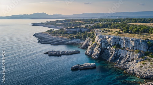 Aerial view of mystical stone formation on the coast of Kamenjak in Istria Croatia : Generative AI photo