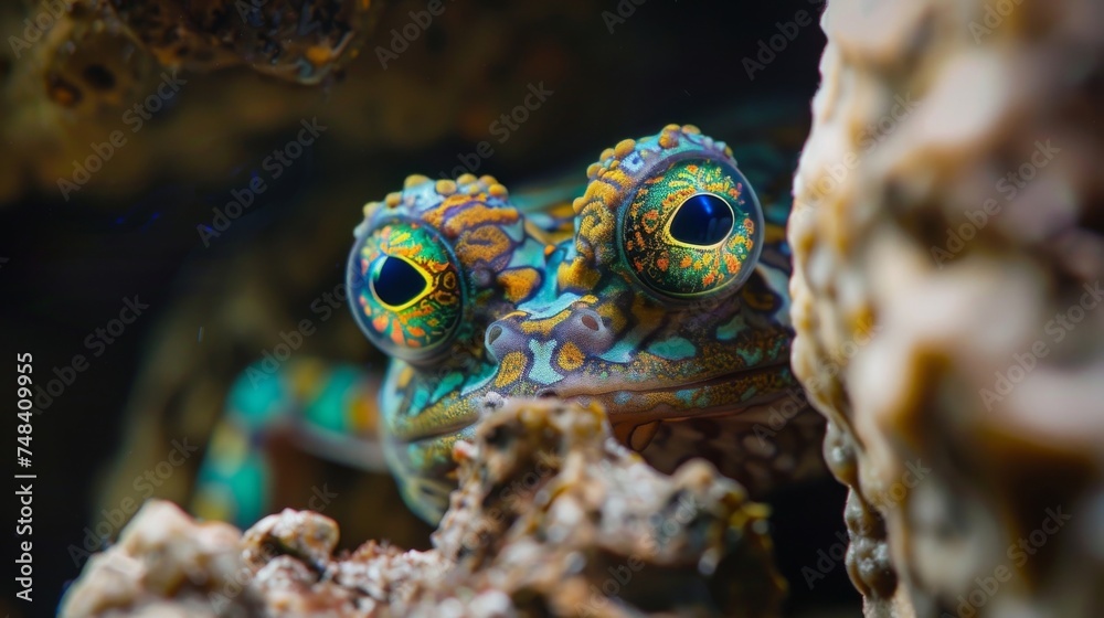 A strange otherworldly being peers out from behind a rock formation its eyes glowing with an otherworldly light. Its slimy amphibianlike skin is covered in intricate patterns A strange otherworldly being peers out from behind a rock formation its eyes glowing with an otherworldly light. Its slimy amphibianlike skin is covered in intricate patterns