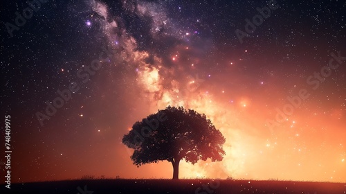 Silhouette of Tree and Milky Way Long exposure photograph : Generative AI photo