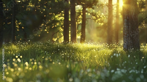 Forest on a sunny summer evening Green grass trees and flowers in the sunset light Forest glade in the sunlight Light and shadow : Generative AI photo