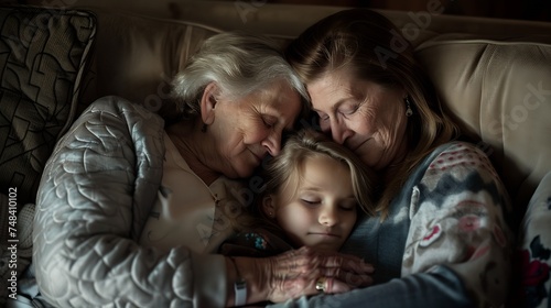 Three female generations family portrait Cute girl hugging tightly beloved mom and grandma Mother and grandmother embracing cuddling granddaughter on couch at home enjoying leisure tim : Generative AI