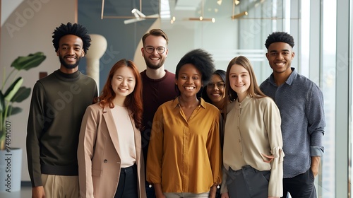 Group portrait of smiling diverse multiracial young businesspeople posing together in office happy multiethnic millennial colleagues look at camera show unity and support at work teamw : Generative AI