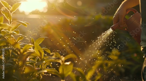 Man watering plants from hose in garden closeup : Generative AI photo