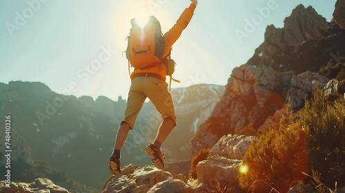 Hiker with backpack raising hands jumping on the top of a mountain Successful man with arms up enjoying victory Sport and success concept : Generative AI