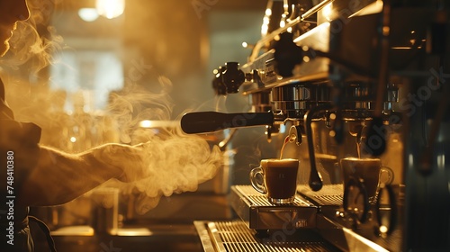 Barista making a espresso with a classic Italian coffee machine with steam in background : Generative AI photo