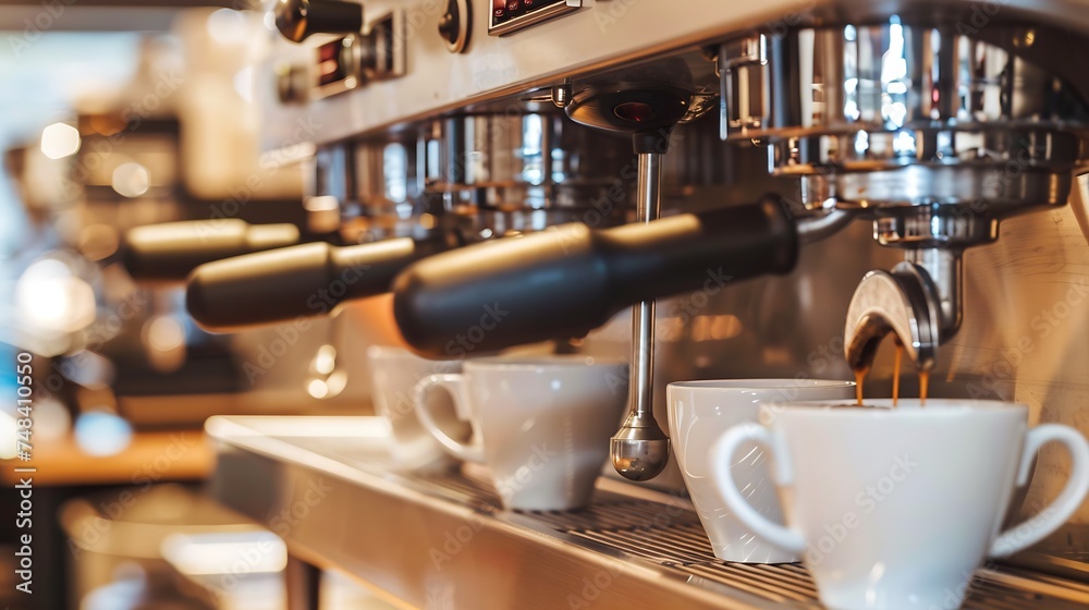 closeup image of the coffee machines that are operating automatical Coffee flowing into coffee cup that is prepar for service Coffee aroma bake the whole shop and the shop atmosphere t : Generative AI closeup image of the coffee machines that are operating automatical Coffee flowing into coffee cup that is prepar for service Coffee aroma bake the whole shop and the shop atmosphere t : Generative AI