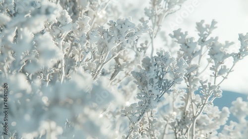 White Winter Branches under the sparkling fluffy snow Hoarfrost on the branches and plants Snowdrift : Generative AI