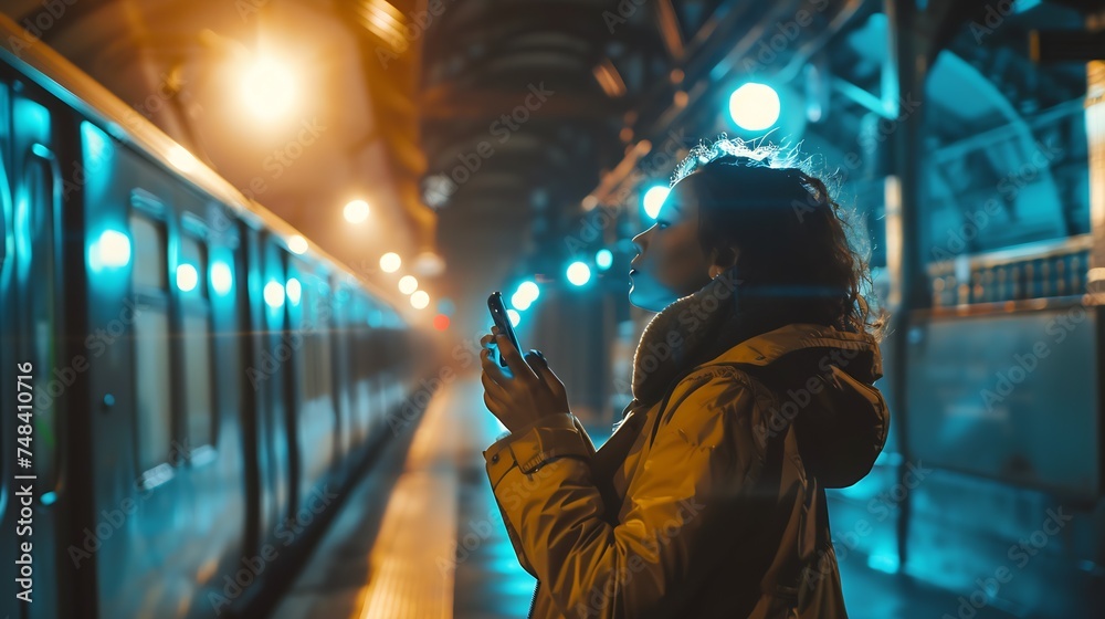 Euphoric woman watching her smart phone in a train station while is waiting : Generative AI