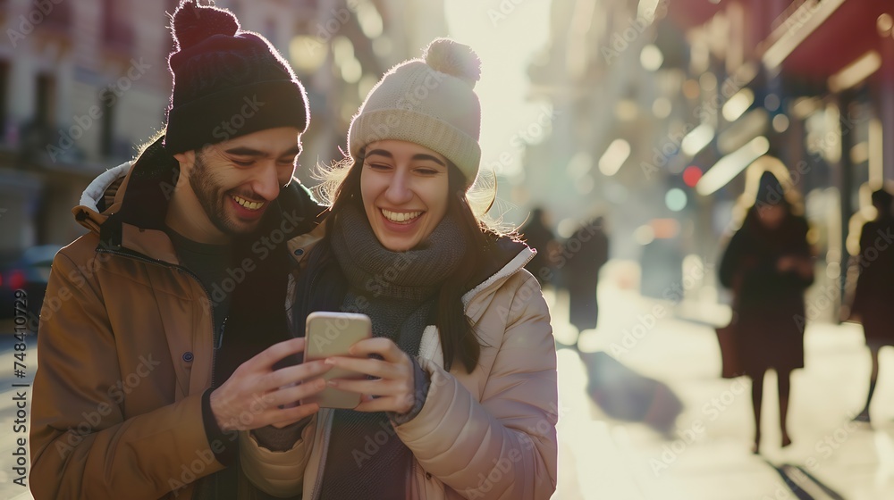 Φωτογραφία Couple or friends laughing funny and having fun with a smart phone in a big city