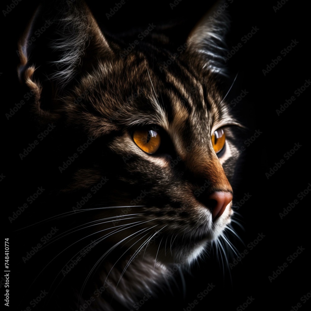 Majestic Tabby Cat Portrait with Intense Amber Eyes on Dark Background