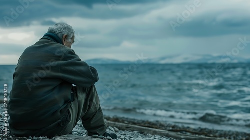 Sad old man sitting by the sea Concept about people sadness and loneliness : Generative AI