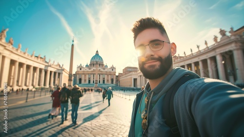 Selfie of a beatiful caucasian man tourist in Rome at Vatican city on vacation : Generative AI photo