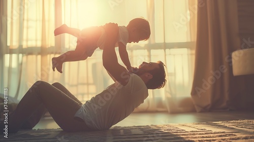Joyful young man father lying on carpet floor lifting excited happy little child son at home Full length carefree two generations family having fun practicing acroyoga in pair in livin : Generative AI