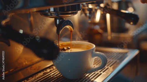 barista making coffee with professional machine Coffee pouring into a cup small business startup business : Generative AI