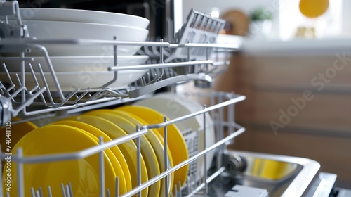 Open dishwasher with clean white and yellow plates silver gray facade of the kitchen closeup : Generative AI photo