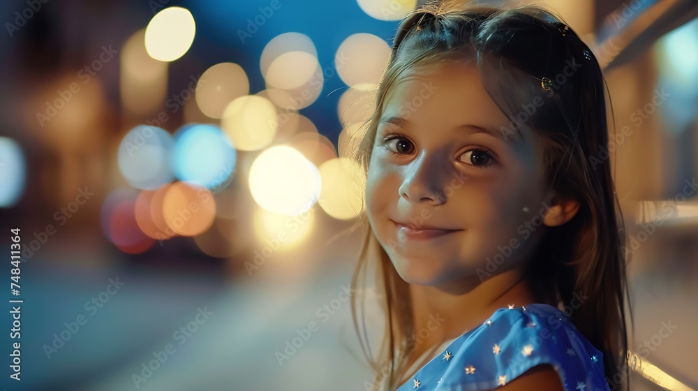 Pretty cute girl looks turning to the camera Evening in the city street with evening lights : Generative AI Pretty cute girl looks turning to the camera Evening in the city street with evening lights : Generative AI