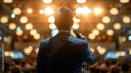 Motivational speaker with microphone performing on stage back view : Generative AI