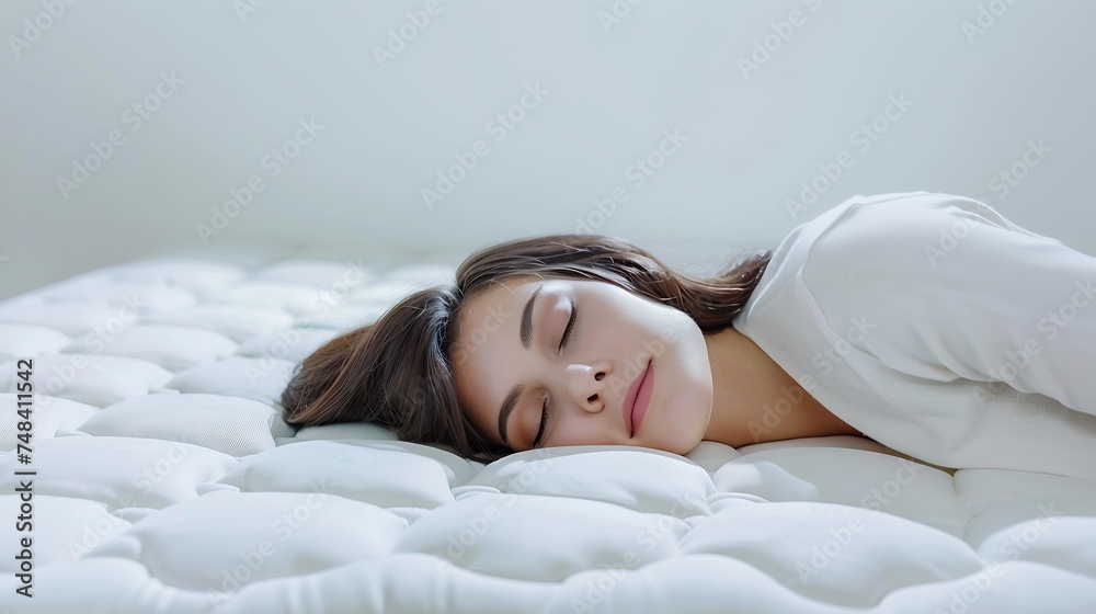 Woman sleeping on soft mattress against white background back view : Generative AI Woman sleeping on soft mattress against white background back view : Generative AI