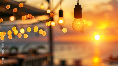 Abstract blurred image of outdoor restaurant terrace on warm summer evening sunset over the sea with bokeh for background Holiday vacation and travel concept : Generative AI