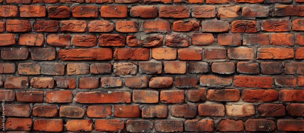 This close-up view showcases the intricate details and textures of a vintage red brick wall. The weathered surface and varying shades of red create a captivating visual feast.