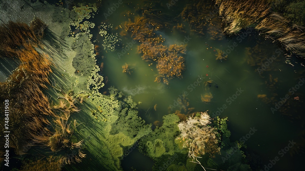 Aerial view of lakes and reed swamp in nature reserve Tetjehorn t Roegwold province of Groningen The Netherlands : Generative AI - obrazy, fototapety, plakaty 
