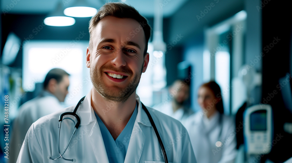 Fototapeta premium Happy Doctor with Stethoscope in Hospital, Staff in Background with Staff
